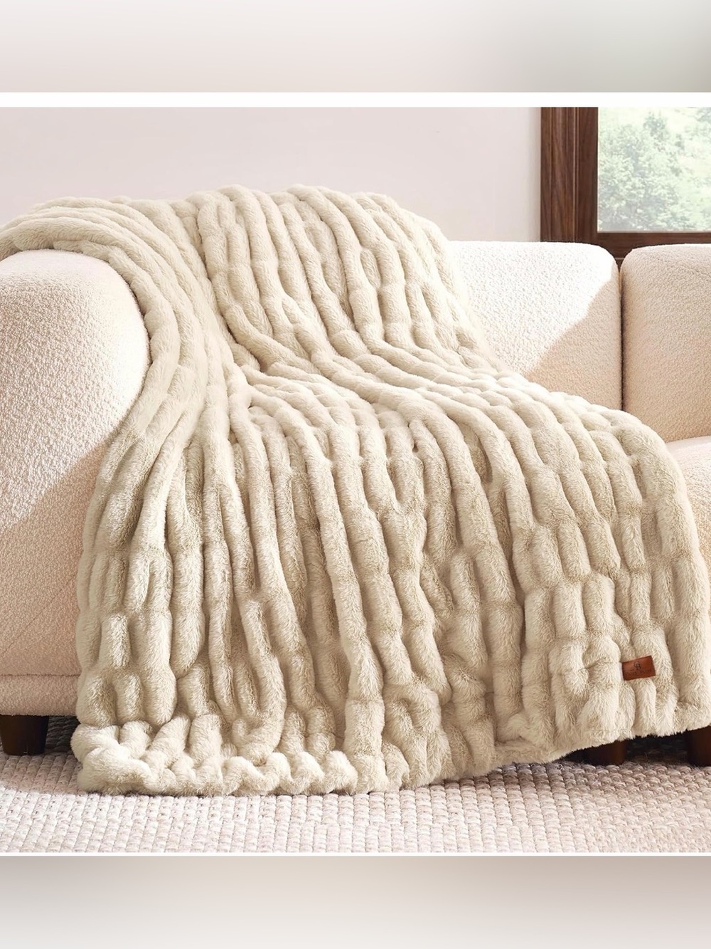 Premium Ruched Faux Fur Throw Blanket for Couch, Double-Sided Soft Textur 50x60
